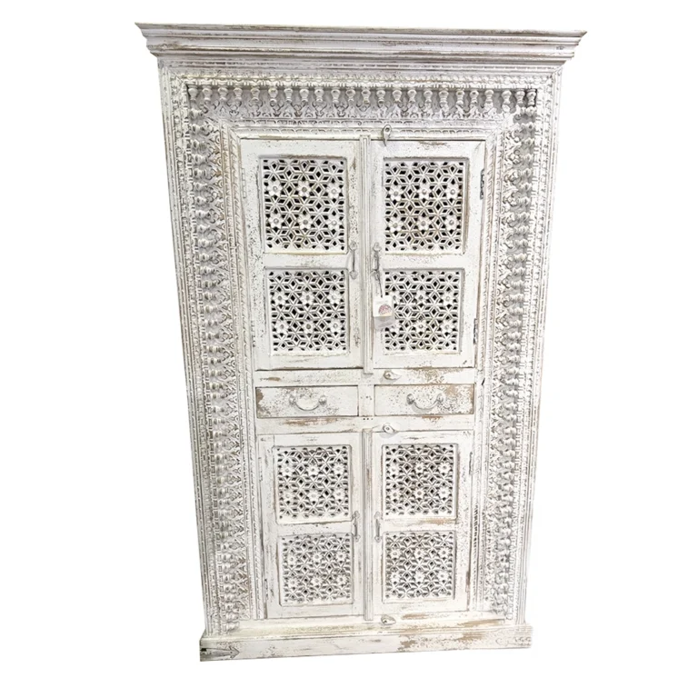 Armario Kali de Madera Blanco Tallado en India
