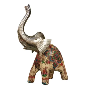 Elefante de Madera Beige – naranja - azul Pintado en India