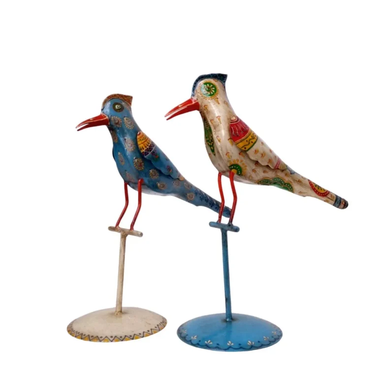 Pájaro de Madera y Metal Beige – azul Tallado en India