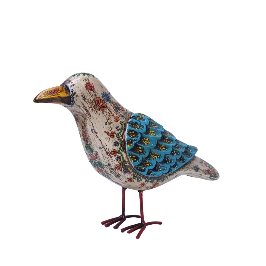 Pájaro Pequeño de Madera y Metal Beige – azul Tallado en India - Image 2