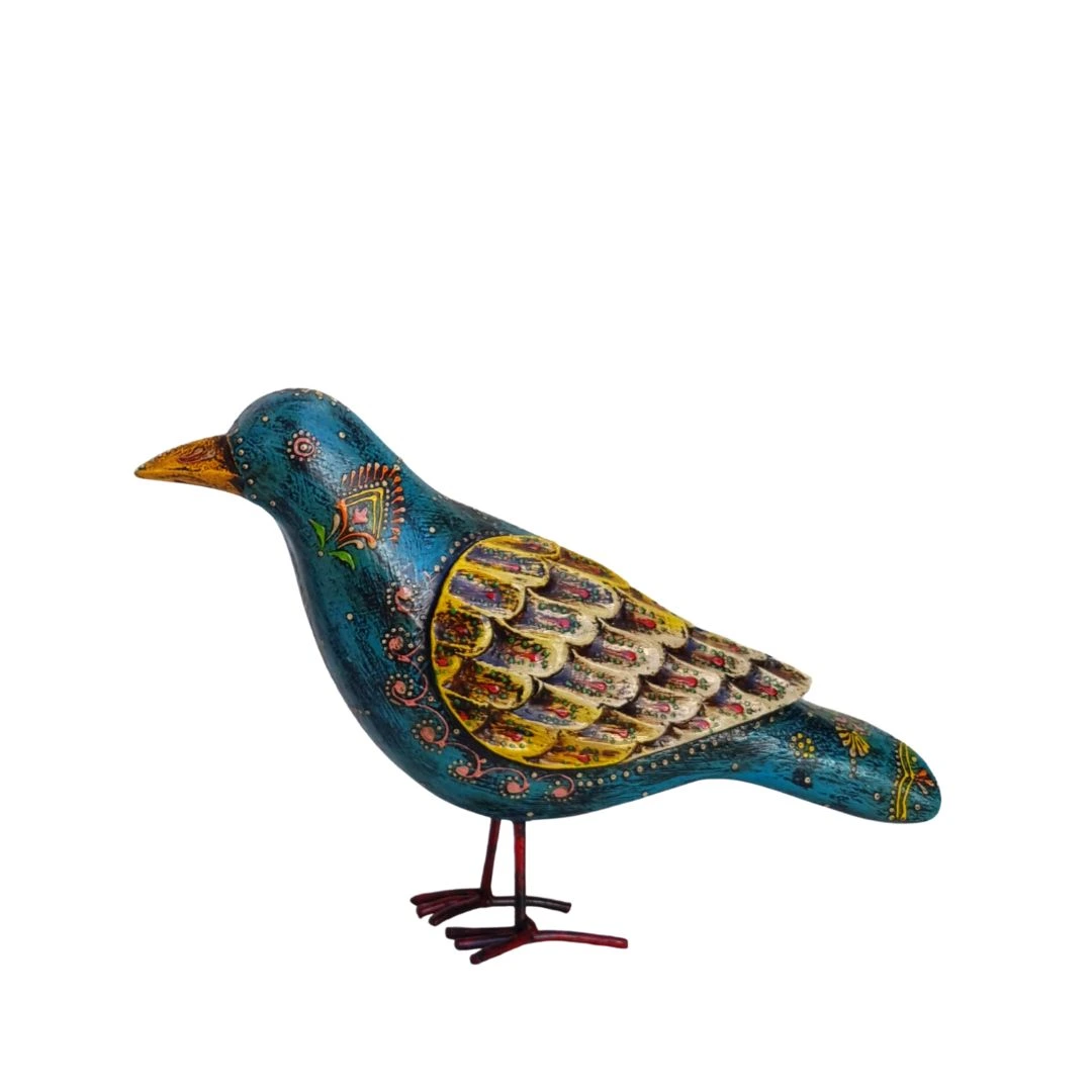 Pájaro Pequeño de Madera y Metal Beige – azul Tallado en India - Image 5