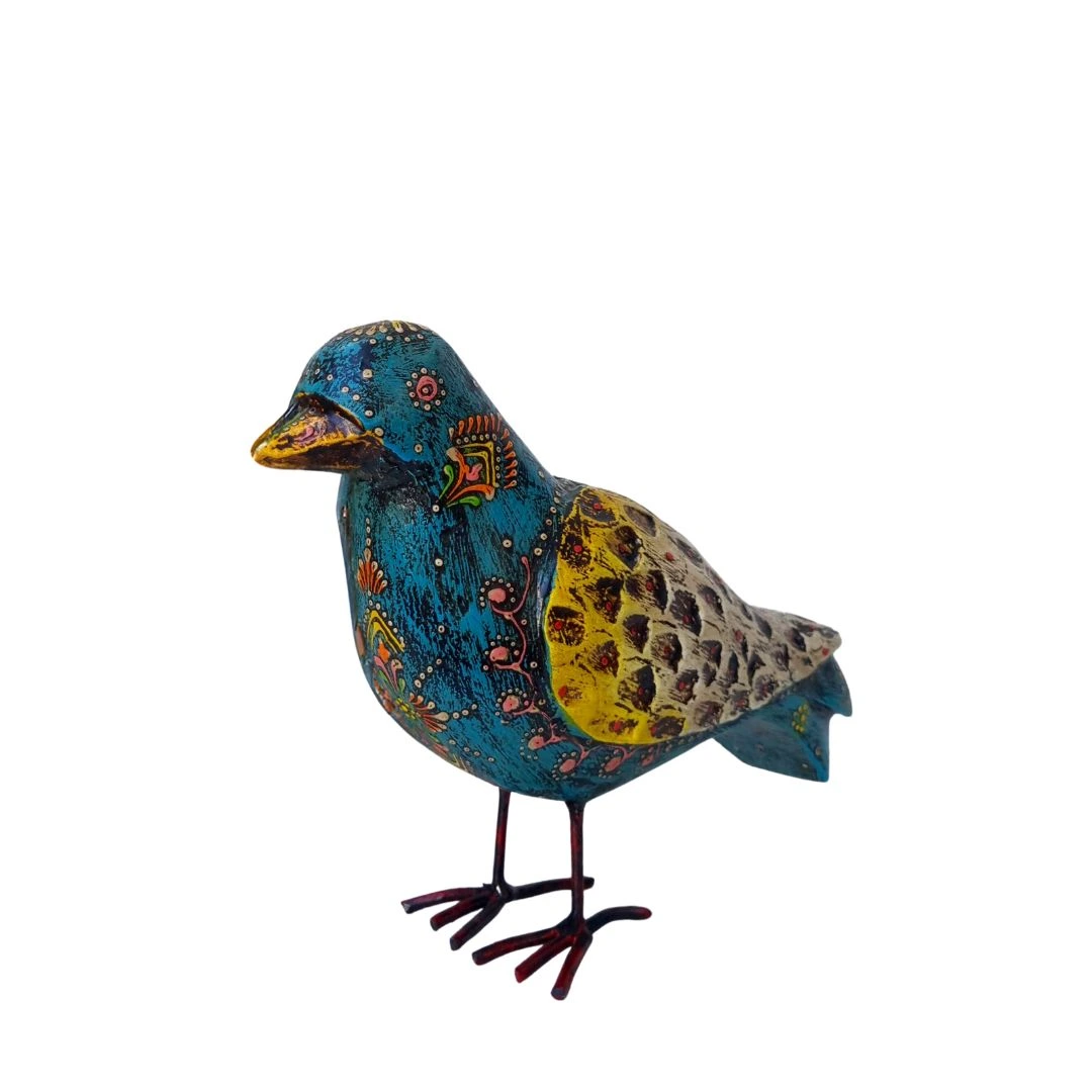 Pájaro Pequeño de Madera y Metal Beige – azul Tallado en India - Image 3