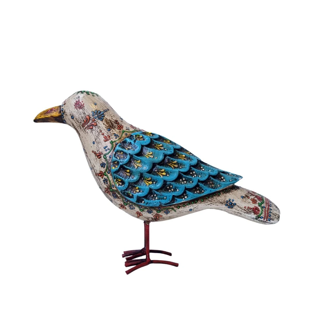 Pájaro Pequeño de Madera y Metal Beige – azul Tallado en India - Image 4